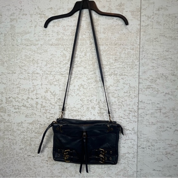 JOELLE HAWKENS Boho Black Pebbled Leather Crossbody Shoulder Bag Brass Hardware - Picture 2 of 16